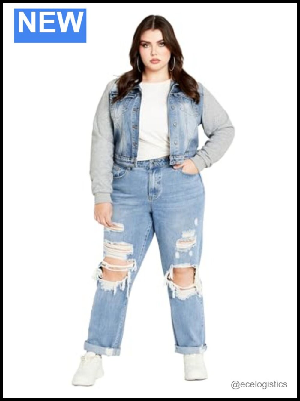 Plus Size Denim Street Jacket with Fleece-Lined Contrast Hoodie